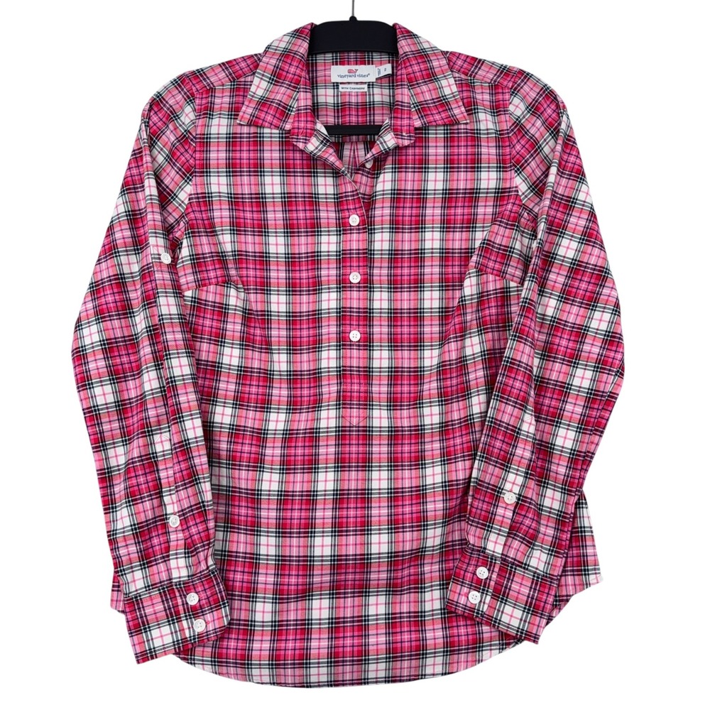 Vineyard Vines Pink Plaid‎ Cotton Cashmere Blend Button Down Shirt Womens Size 2